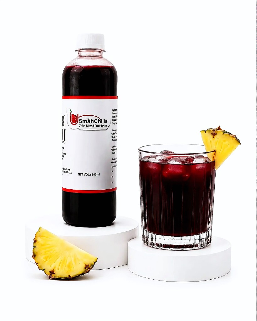 SmahChills Zobo Mixed Fruit Drink bottle and glass with pineapple