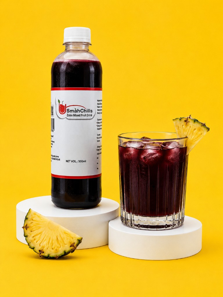 SmahChills Zobo Mixed Fruit Drink on yellow background